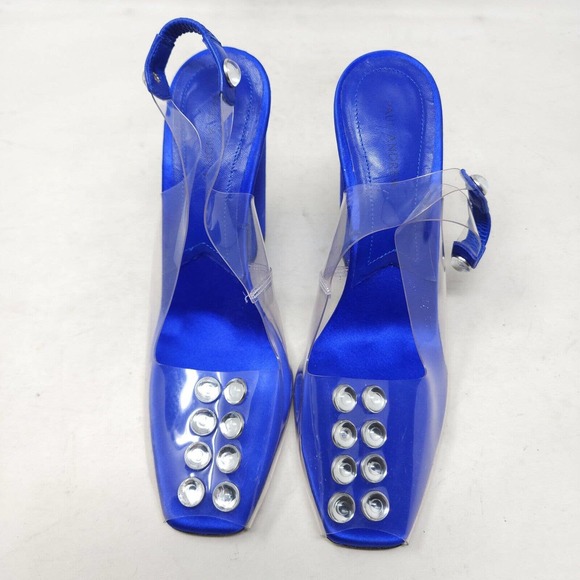 Paul Andrew Womens Heels Serrano Blue Satin PVC Cabochon Peep Toe Slingback 37 7 - Picture 4 of 10